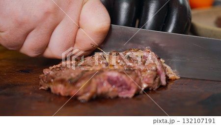 Chef Cutting a Medium Cooked Beef Looks Very Tasty Close Up About Food Art. 132107191