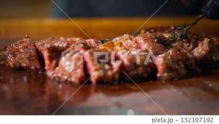 Chef Cutting a Medium Cooked Beef Looks Very Tasty Close Up About Food Art. 132107192
