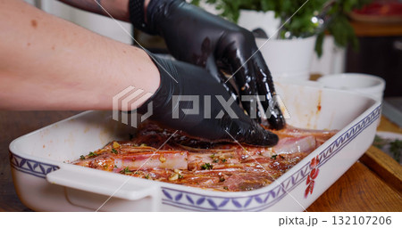 Raw Fresh Lamb ready to Cook. Lamb Meat Seasoned. Uncooked meat. 132107206