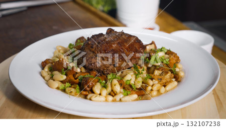 White Plate with delicious Beef Food dish. 132107238
