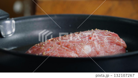 Pork Meat Seasoned is Frying in Hot Pan, Cooking. 132107267