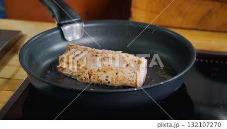 Pork Meat Frying in Hot Pan. Close Up. Pork Meat Frying in Hot Pan. Close Up. 132107270