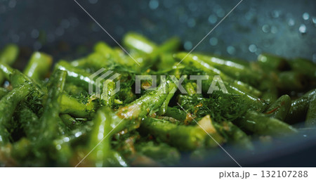 Cooked Green Beans Sprinkled with Dill . Close up Vegetarian Meals with Beans. 132107288