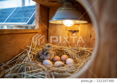 Chick resting in straw nest inside wooden brooder lit by solar panel system, highlighting early life and green farming Chick resting in straw nest inside wooden brooder lit by solar panel system, highlighting early life and green farming 132107360