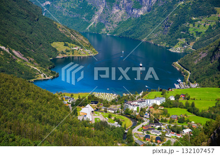 Aerial View of Geiranger and Geirangerfjord, Norway Aerial View of Geiranger and Geirangerfjord, Norway 132107457