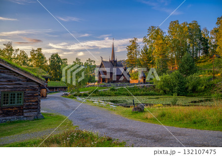 Garmo Stave Church and Historic Village in Lillehammer, Norway, viewed at sunset Garmo Stave Church and Historic Village in Lillehammer, Norway, viewed at sunset 132107475