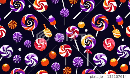 赤・紫・黄色のロリポップが彩るカラフルなキャンディパターン 132107614