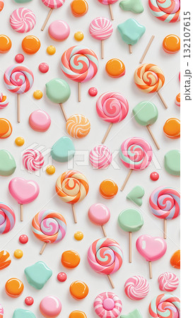 ロリポップとキャンディが散りばめられたカラフルな楽園パターン 132107615