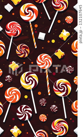 ダークな背景に映えるスワールキャンディと包み菓子のパターン ダークな背景に映えるスワールキャンディと包み菓子のパターン 132107645