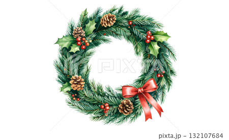水彩風 クリスマスリース 松ぼっくりと赤いリボン 水彩風 クリスマスリース 松ぼっくりと赤いリボン 132107684