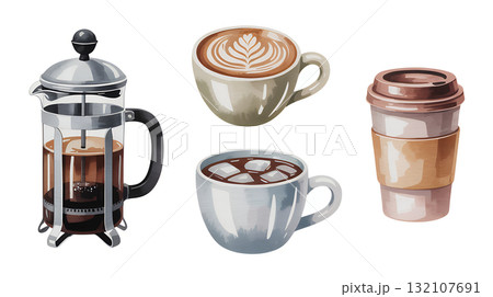 フレンチプレスコーヒーとカップのイラスト 132107691