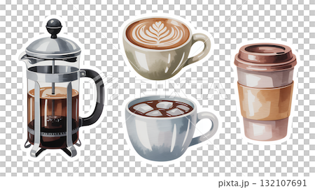 フレンチプレスコーヒーとカップのイラスト 132107691