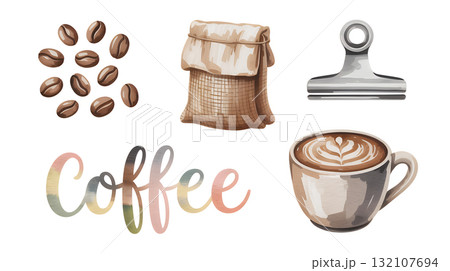 コーヒー豆とラテアートのイラスト 132107694
