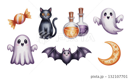 かわいいおばけと黒猫のハロウィンイラストセット かわいいおばけと黒猫のハロウィンイラストセット 132107701