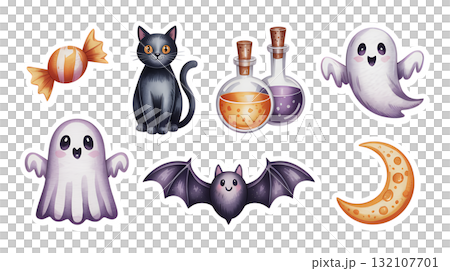 かわいいおばけと黒猫のハロウィンイラストセット かわいいおばけと黒猫のハロウィンイラストセット 132107701