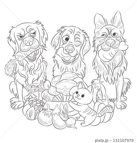 Black and white vector of dogs with vegetables Black and white vector of dogs with vegetables 132107979
