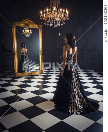 Woman in an evening dress standing on a checkered floor and looking into a mirror with a strange reflexion, conceptual horror scene 132108368