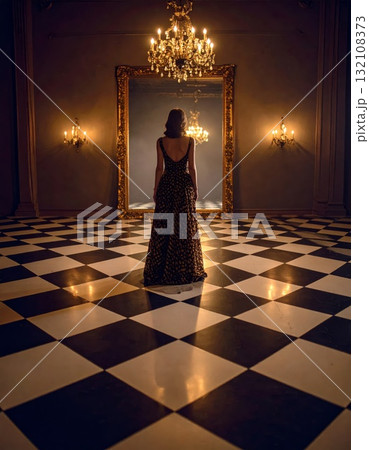 Woman in an evening dress standing on a checkered floor and looking into a mirror with a strange reflexion, conceptual horror scene Woman in an evening dress standing on a checkered floor and looking into a mirror with a strange reflexion, conceptual horror scene 132108373