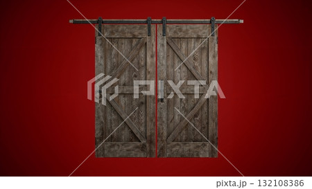 Wooden door over dark red background, no shadows Wooden door over dark red background, no shadows 132108386