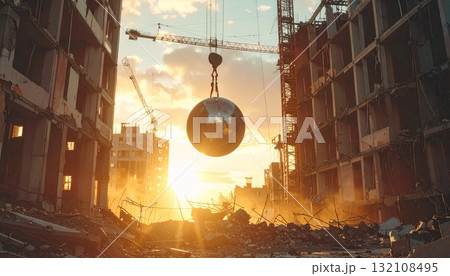 wrecking ball, demolition, construction site, building destruction, heavy machinery, urban renewal, industrial equipment, construction background, breaking walls, deconstruction, construction machiner 132108495