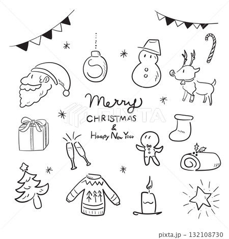 手描きのクリスマスイラストセット 手描きのクリスマスイラストセット 132108730