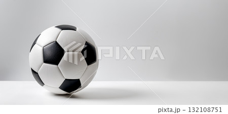 Classic Soccer Ball Beautifully Positioned on a Minimalist, Clean Background Design Classic Soccer Ball Beautifully Positioned on a Minimalist, Clean Background Design 132108751