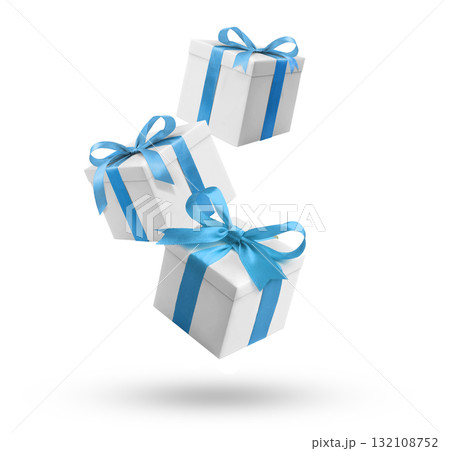 Presents flying on white background Presents flying on white background 132108752