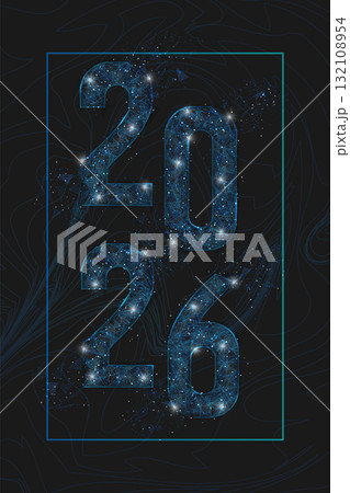 Abstract isolated blue image of new year number 2026. Polygonal low poly wireframe illustration looks like stars in the black night sky in space or flying glass shards. Digital web, internet design. 132108954