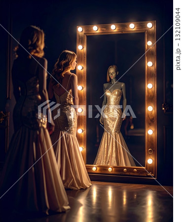 Woman in the evening dress looks at her strange reflection in the old mirror, horror or thriller scene concept Woman in the evening dress looks at her strange reflection in the old mirror, horror or thriller scene concept 132109044
