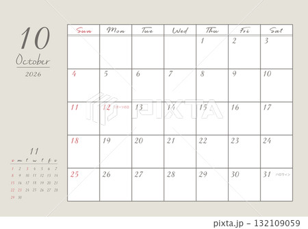 2026年 10月 おしゃれ書き込みカレンダー 132109059
