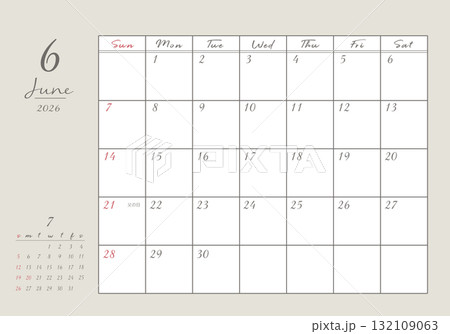 2026年 6月 おしゃれ書き込みカレンダー 132109063