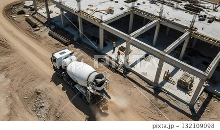Aerial View Of Construction Site With Concrete Mixer Truck 132109098