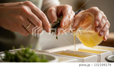 Natural ingredients like oats, lavender, and calendula are scattered on the wooden table, highlighting the use of organic components in this DIY soap making workshop 132109179