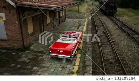 Classic Convertible Car at Abandoned Train Station 132109184