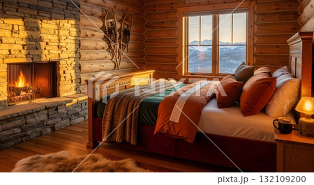 Cozy Cabin Bedroom with Fireplace and Mountain View Cozy Cabin Bedroom with Fireplace and Mountain View 132109200