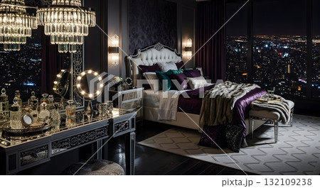 Elegant Nighttime Bedroom Suite With City View 132109238