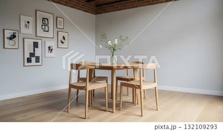 Light Filled Dining Room With Wooden Table And Chairs 132109293