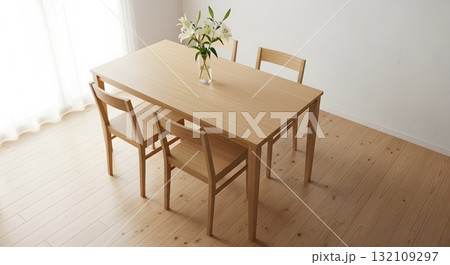 Light Wooden Dining Table with Four Chairs and White Flowers Light Wooden Dining Table with Four Chairs and White Flowers 132109297