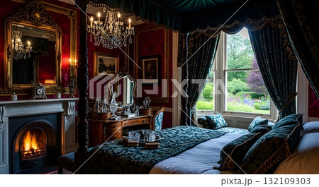 Luxurious Bedroom With Four Poster Bed And Fireplace 132109303