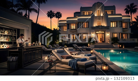 Luxury Mansion Poolside Twilight Scene Luxury Mansion Poolside Twilight Scene 132109313