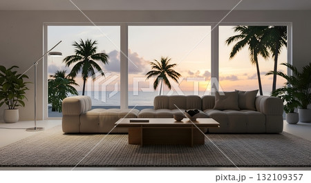 Modern Beach House Living Room with Sunset View 132109357