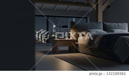 Modern Bedroom With City View At Night Modern Bedroom With City View At Night 132109362
