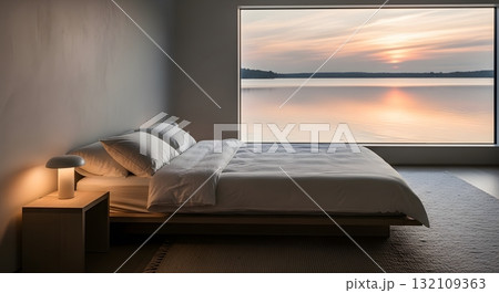 Modern Bedroom with Lake Sunset View 132109363