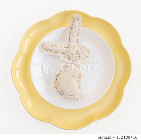 Easter celebration concept. Top view vertical white yellow plate eggs, isolated background, banner Easter celebration concept. Top view vertical white yellow plate eggs, isolated background, banner 132109410