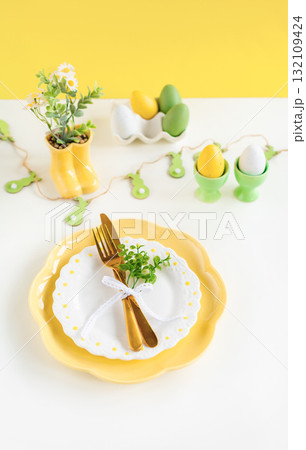 Easter celebration concept. Top view vertical empty dishes Easter eggs, isolated background, banner Easter celebration concept. Top view vertical empty dishes Easter eggs, isolated background, banner 132109424