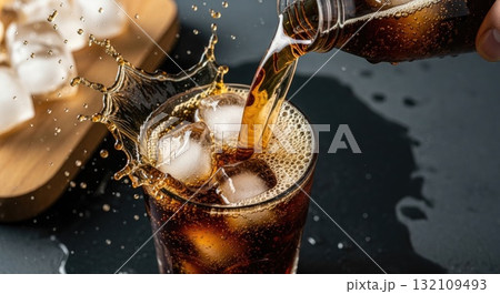 Dark Cola Pouring Into Glass With Ice Cubes Creating Dynamic Splash on Black Surface Dark Cola Pouring Into Glass With Ice Cubes Creating Dynamic Splash on Black Surface 132109493