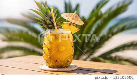 Pineapple Cocktail On Wooden Table With Blurred Beach And Palm Tree Backdrop 132109506