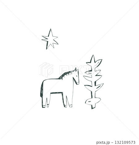 Minimal horse with plant and star composition in soft scandinavian folk style illustration 132109573