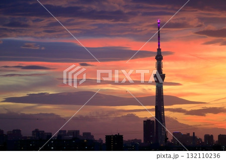 東京スカイツリーと夕焼け空 132110236