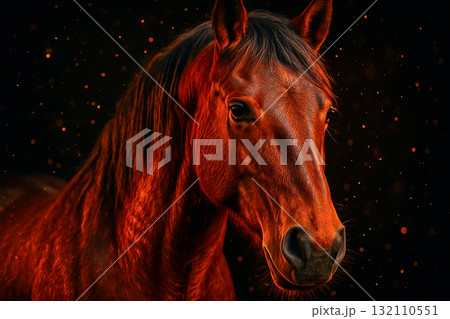 Elegant Brown Horse Portrait with Glowing Background and Sparks Elegant Brown Horse Portrait with Glowing Background and Sparks 132110551